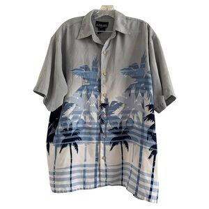ISLAND TROPICS Men’s Hawaiian Blue Gray White Palm Trees Tropical Shirt-Size L